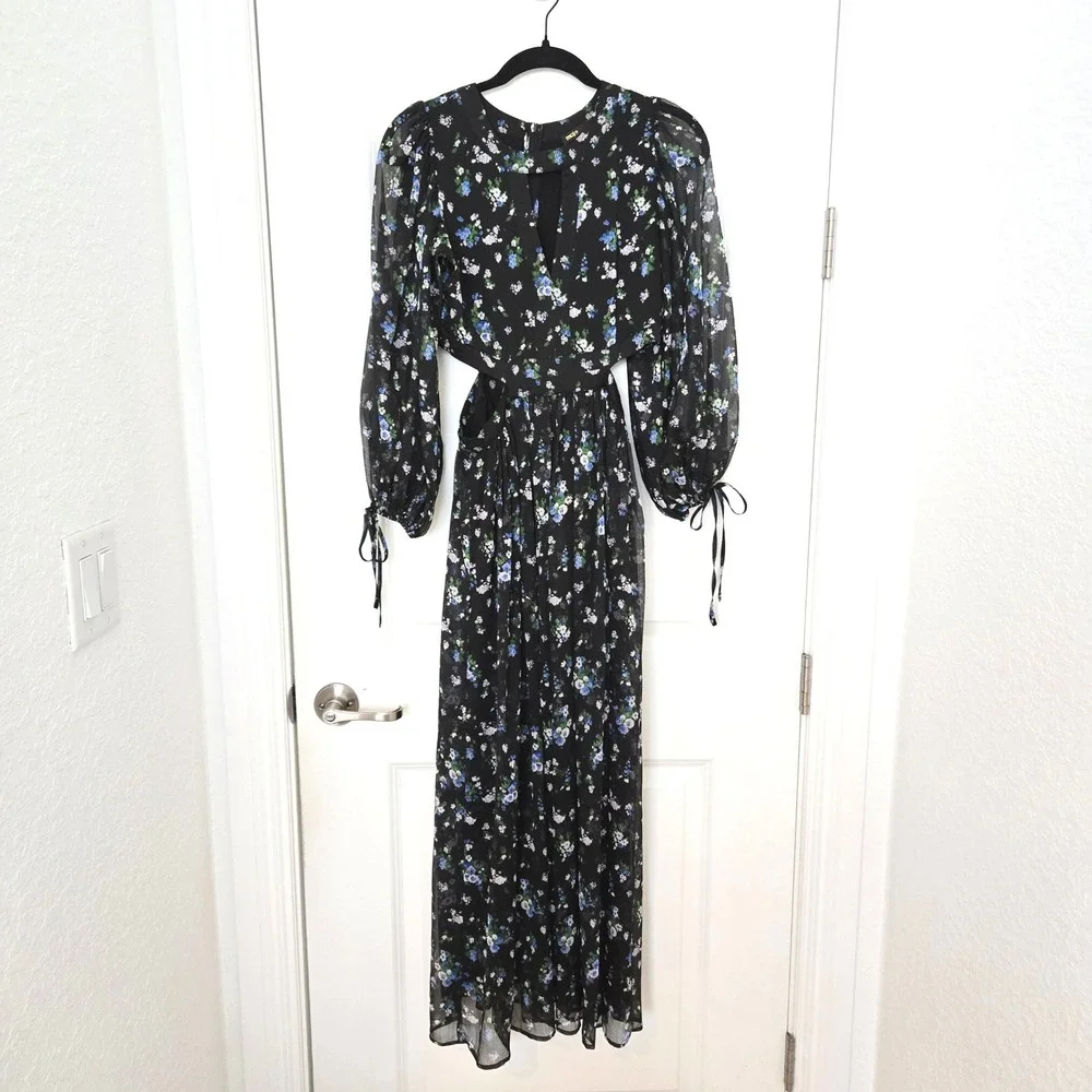 Maje Risof Black Floral Chiffon Cut-Out Maxi Dress Long Sleeve Tie Cuff Size 36 - Picture 4 of 8